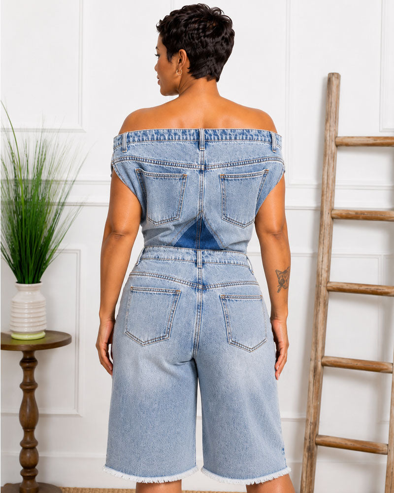 Off Script Denim Jort Romper