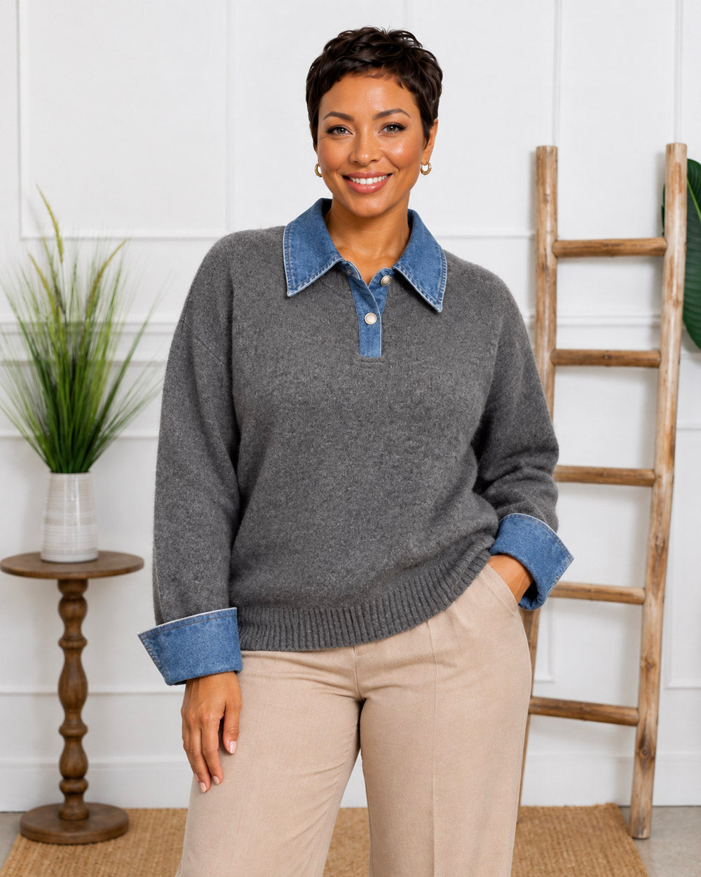 Off Script Denim-Trim Knit Sweater