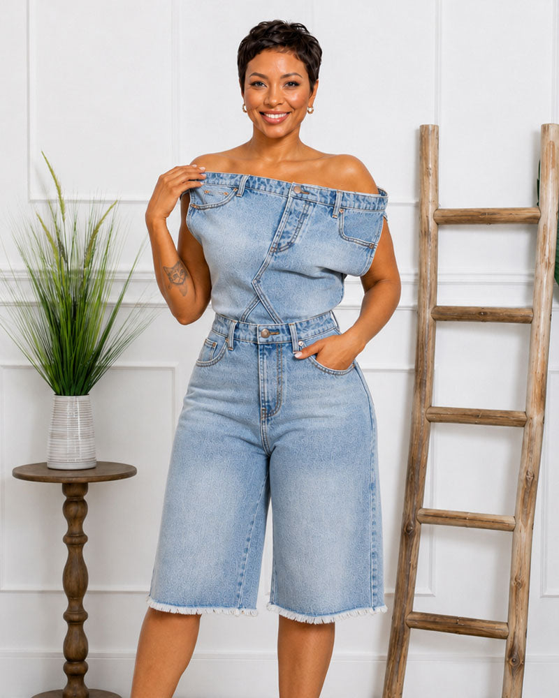 Off Script Denim Jort Romper