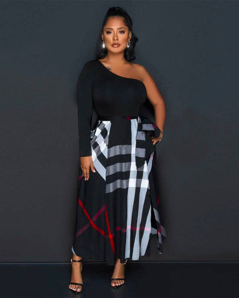 One Shoulder Plaid Skirt Midi Dress