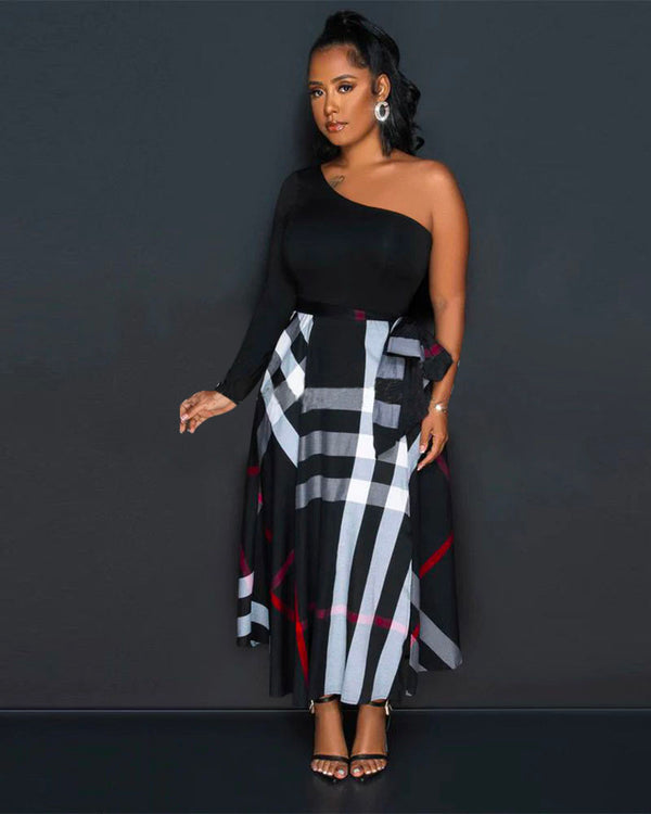 One Shoulder Plaid Skirt Midi Dress