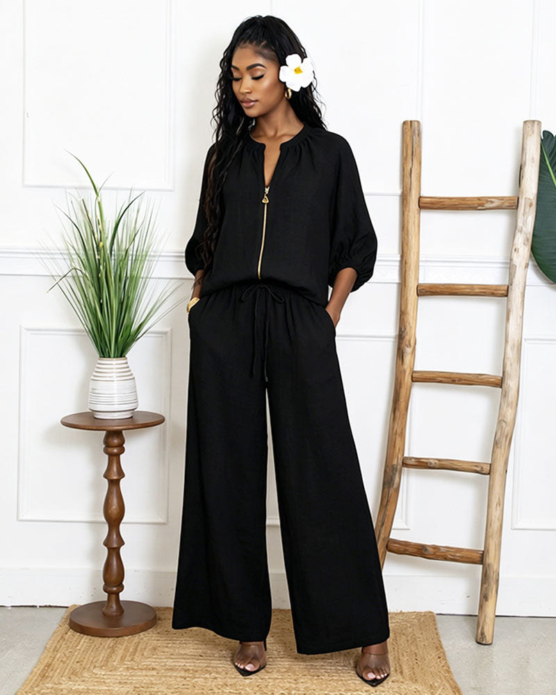 Paloma Waffle Zip Wide-Leg Set
