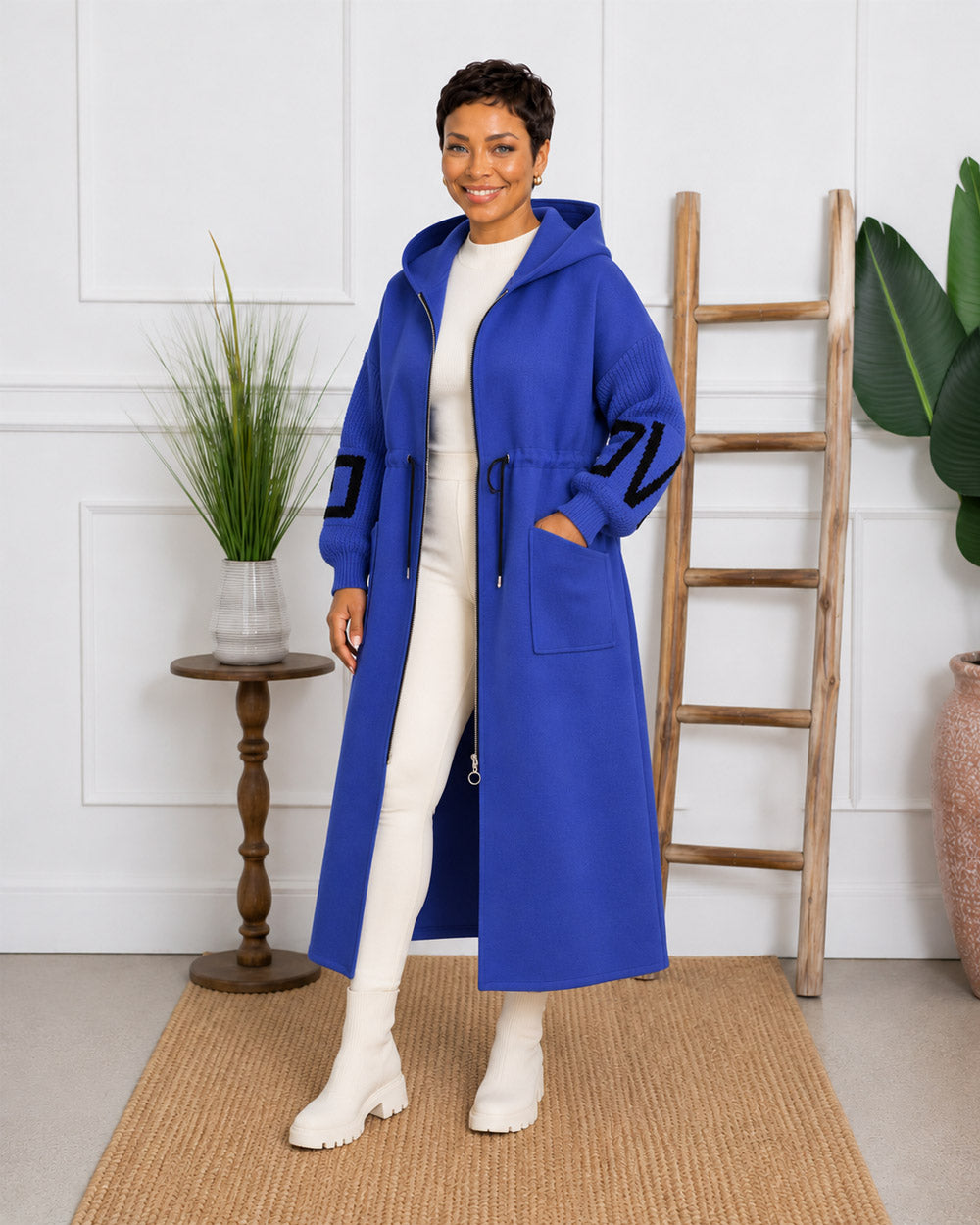 Plot Twist Knit-Sleeve Hooded Coat