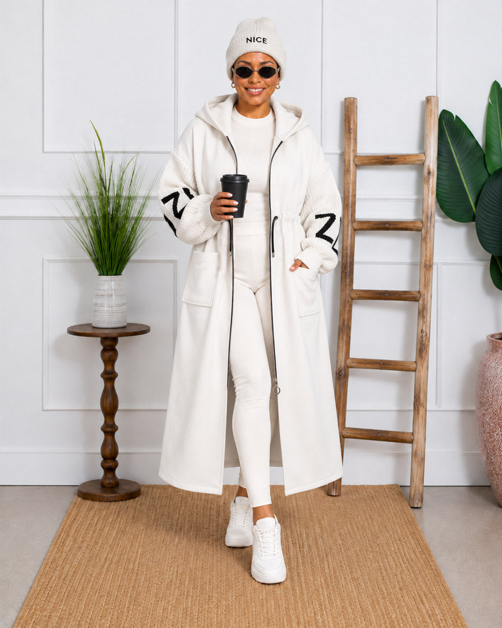Plot Twist Knit-Sleeve Hooded Coat