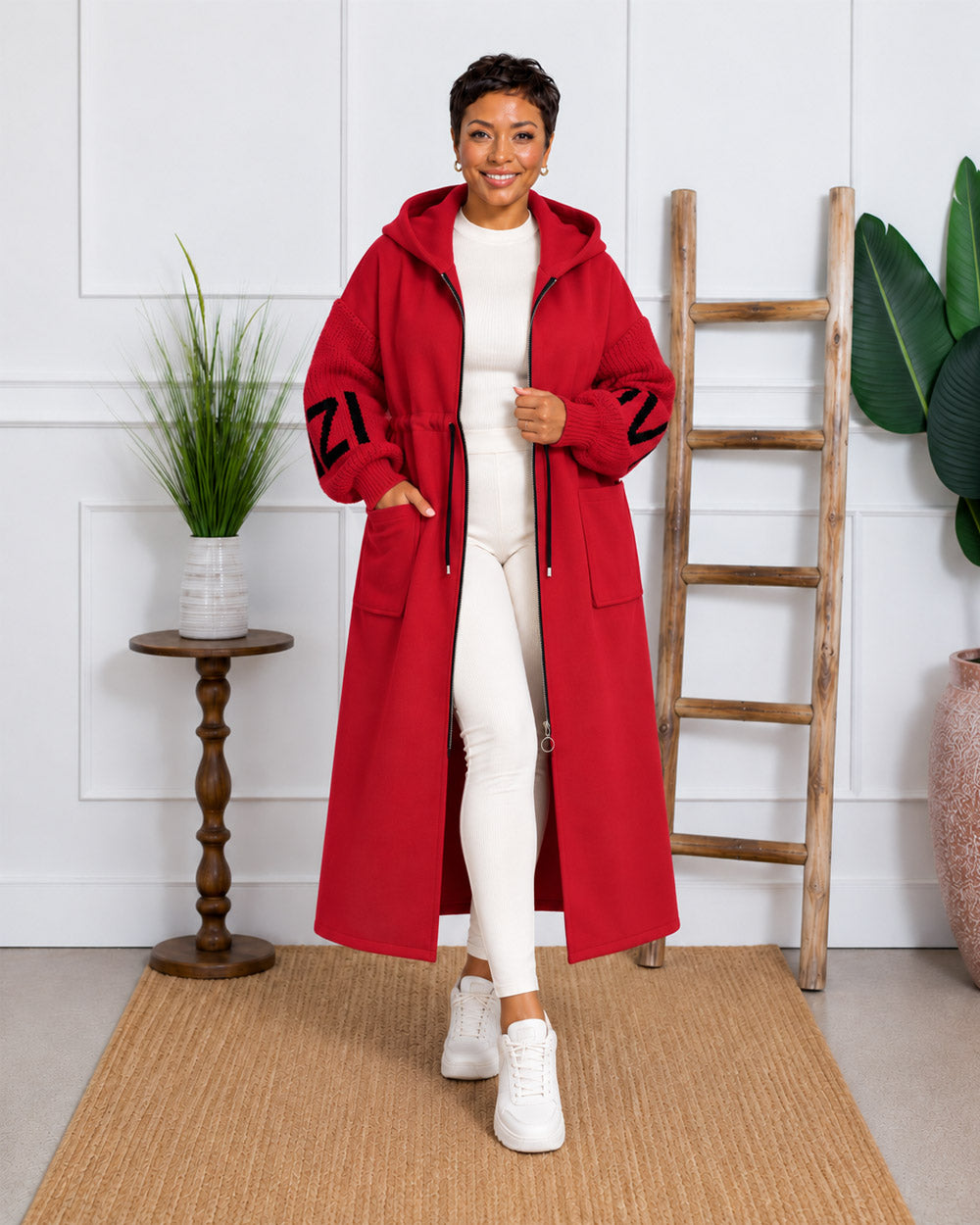 Plot Twist Knit-Sleeve Hooded Coat