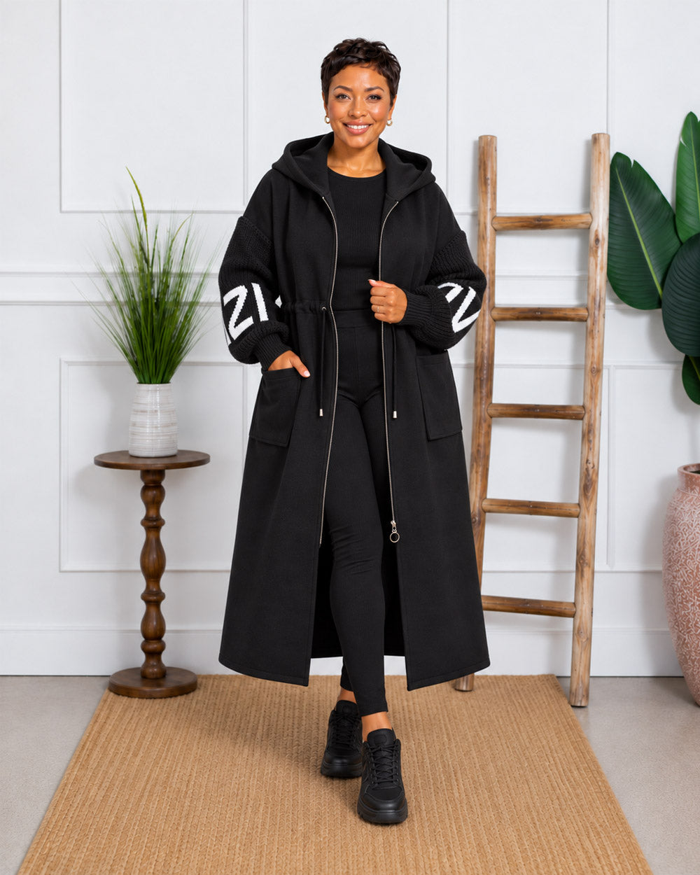 Plot Twist Knit-Sleeve Hooded Coat