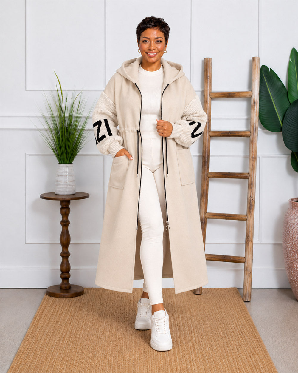 Plot Twist Knit-Sleeve Hooded Coat