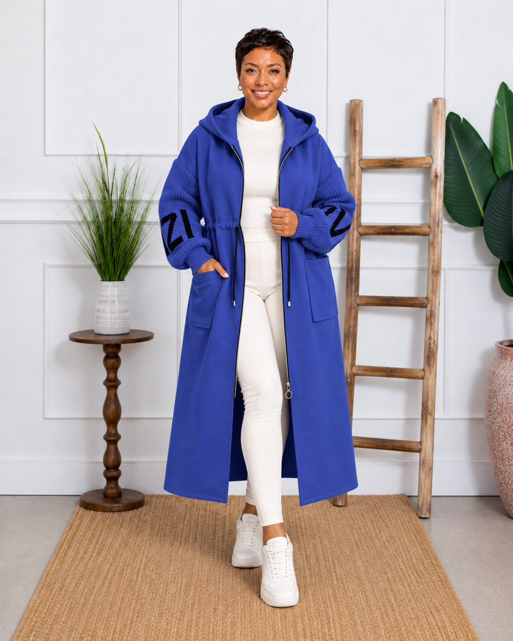 Plot Twist Knit-Sleeve Hooded Coat