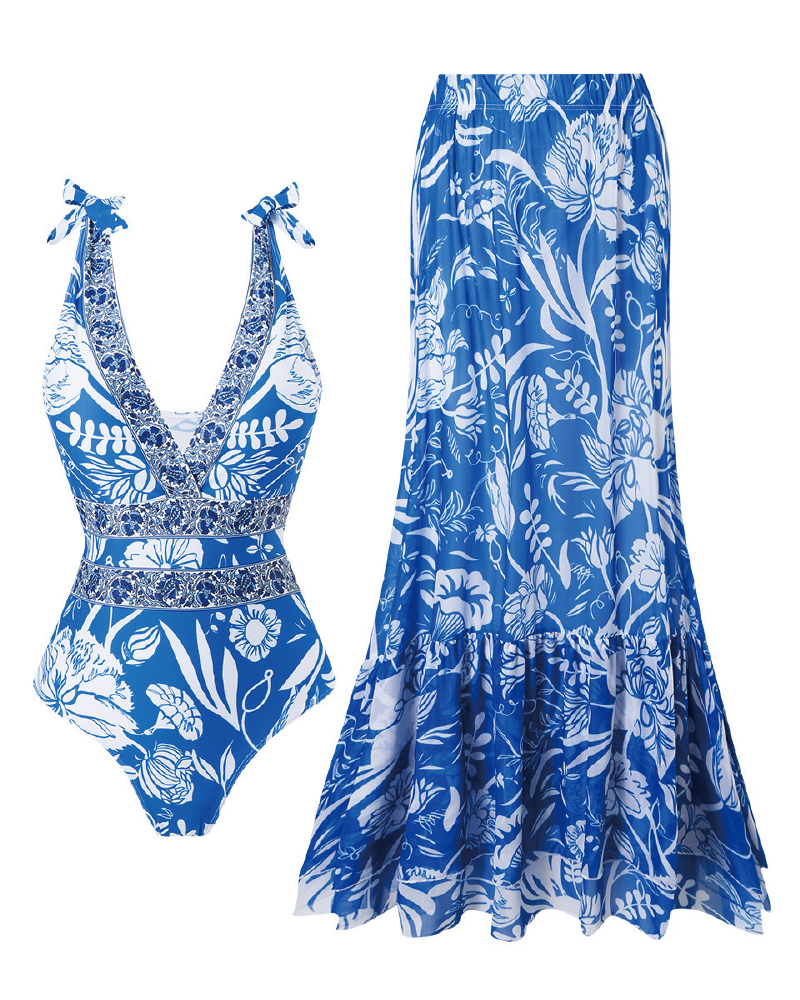 V Neck Printed One Piece Swimsuit & Skirt