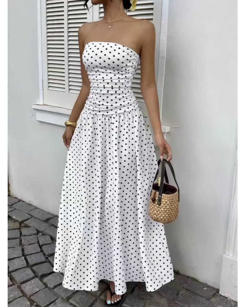 Crimson Dot Strapless Maxi Dress