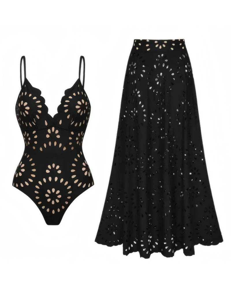 Flower Hollow One Piece Swimsuit and Skirt