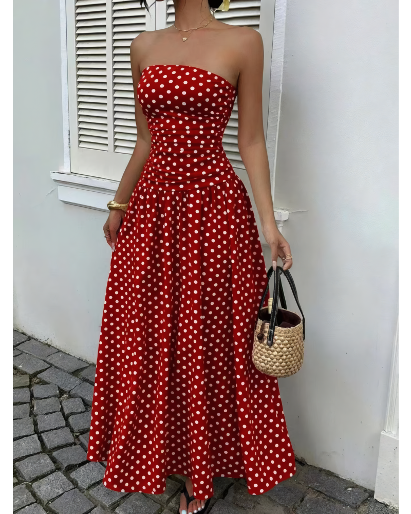 Crimson Dot Strapless Maxi Dress