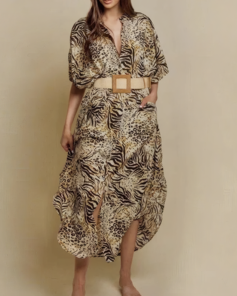 Leopard Print Batwing Sleeve Beach Coverup Dress