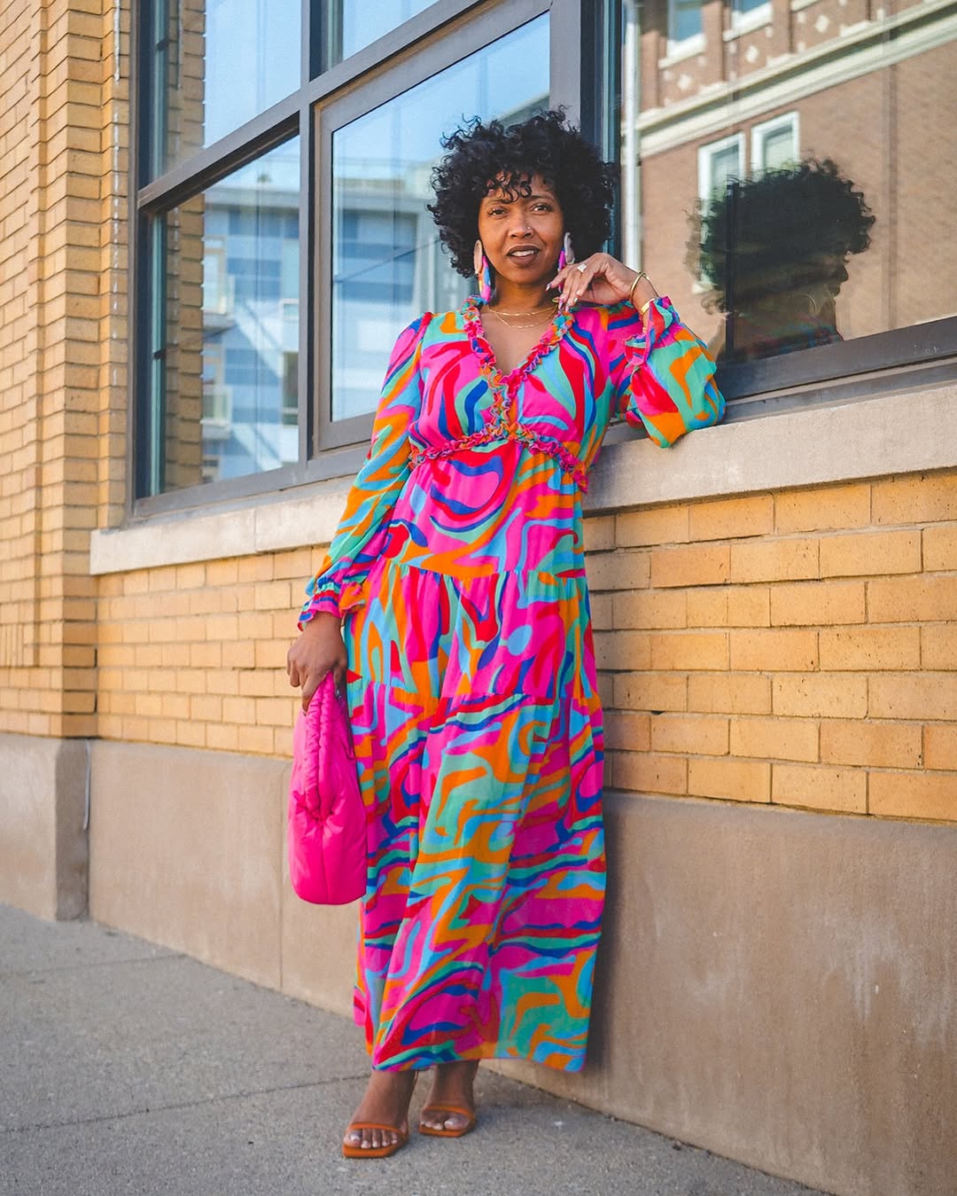 Multi-Color Abstract Print Ruffle Trim Long Sleeve Dress