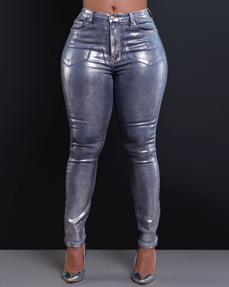 She's Glowing Metallic Foil Skinny Jeans
