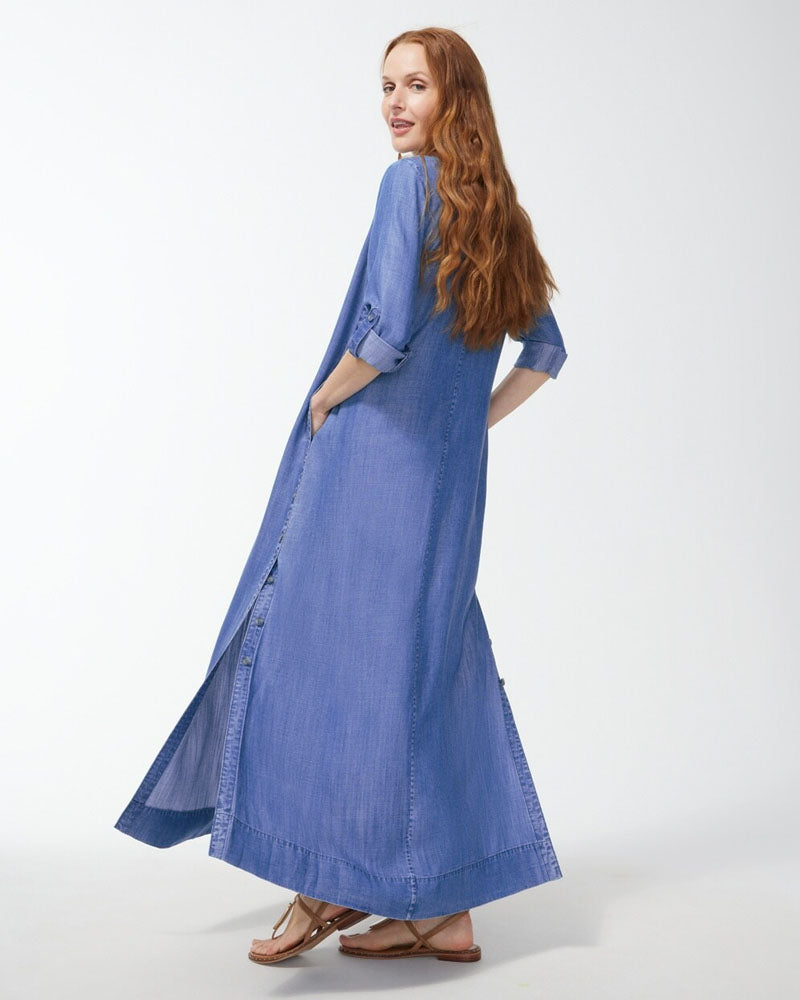 Side-Button Maxi Denim Dress