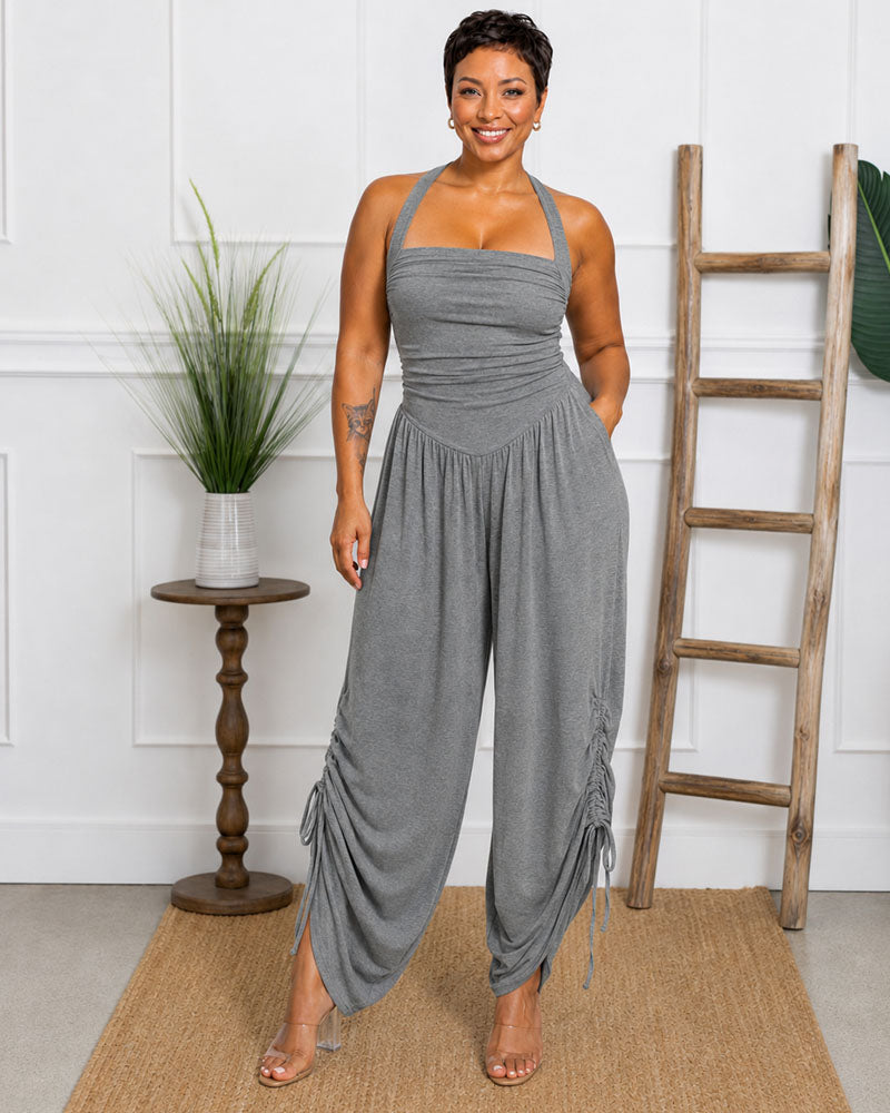 Side Cinch Halter Wide-Leg Jumpsuit
