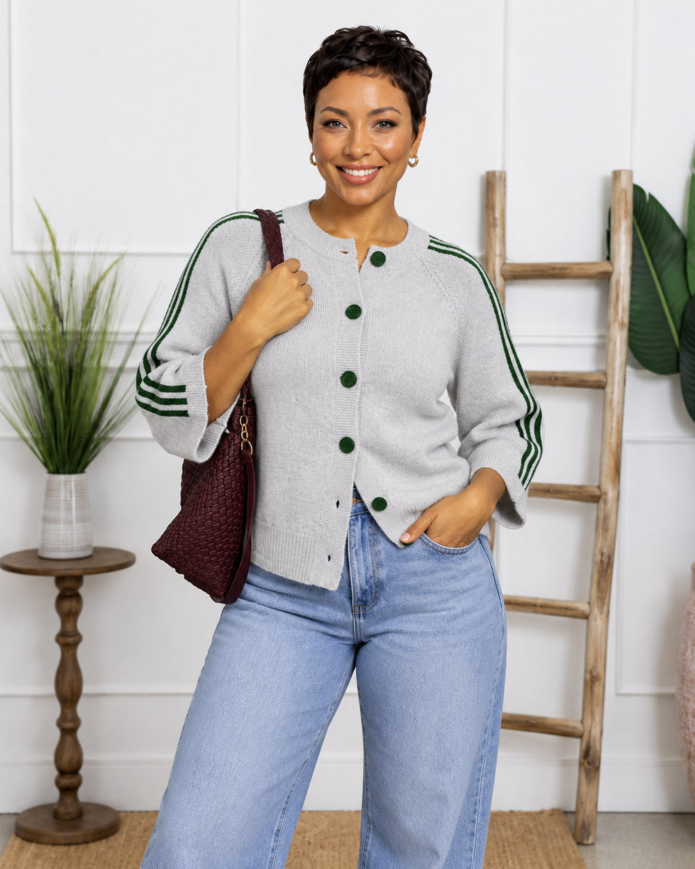 Sideline Stripe-Sleeve Knit Cardigan