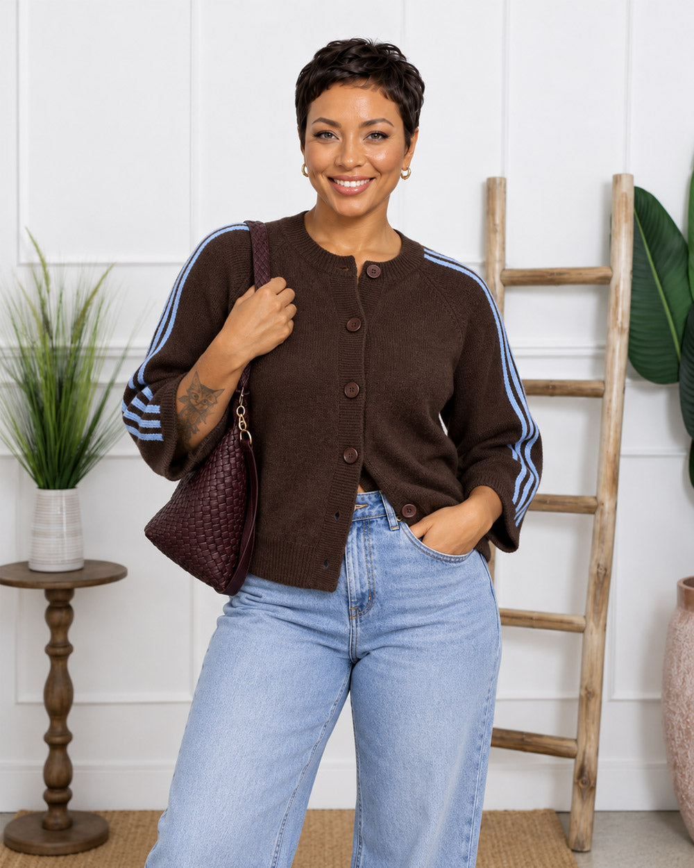 Sideline Stripe-Sleeve Knit Cardigan