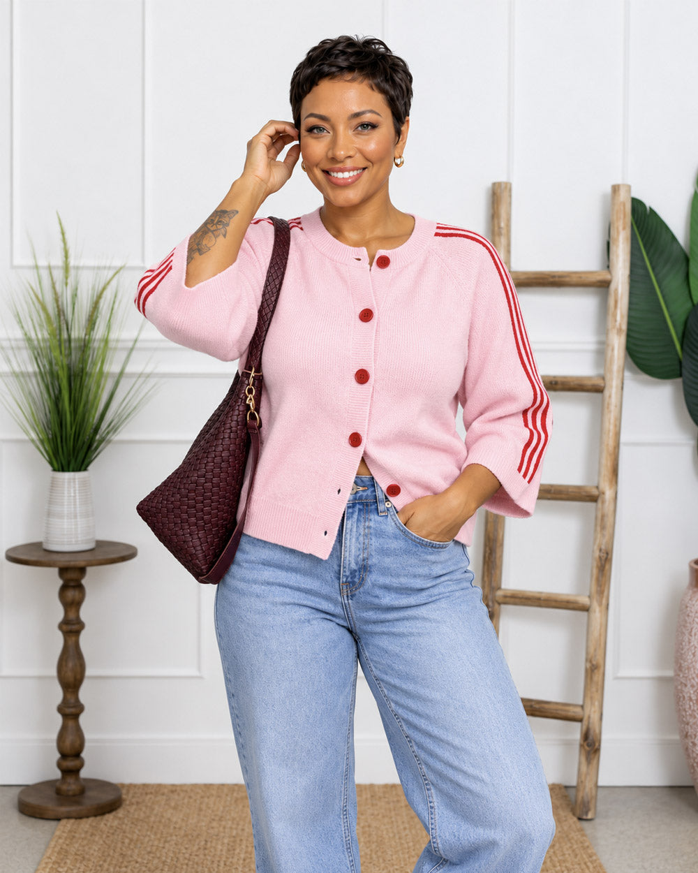 Sideline Stripe-Sleeve Knit Cardigan