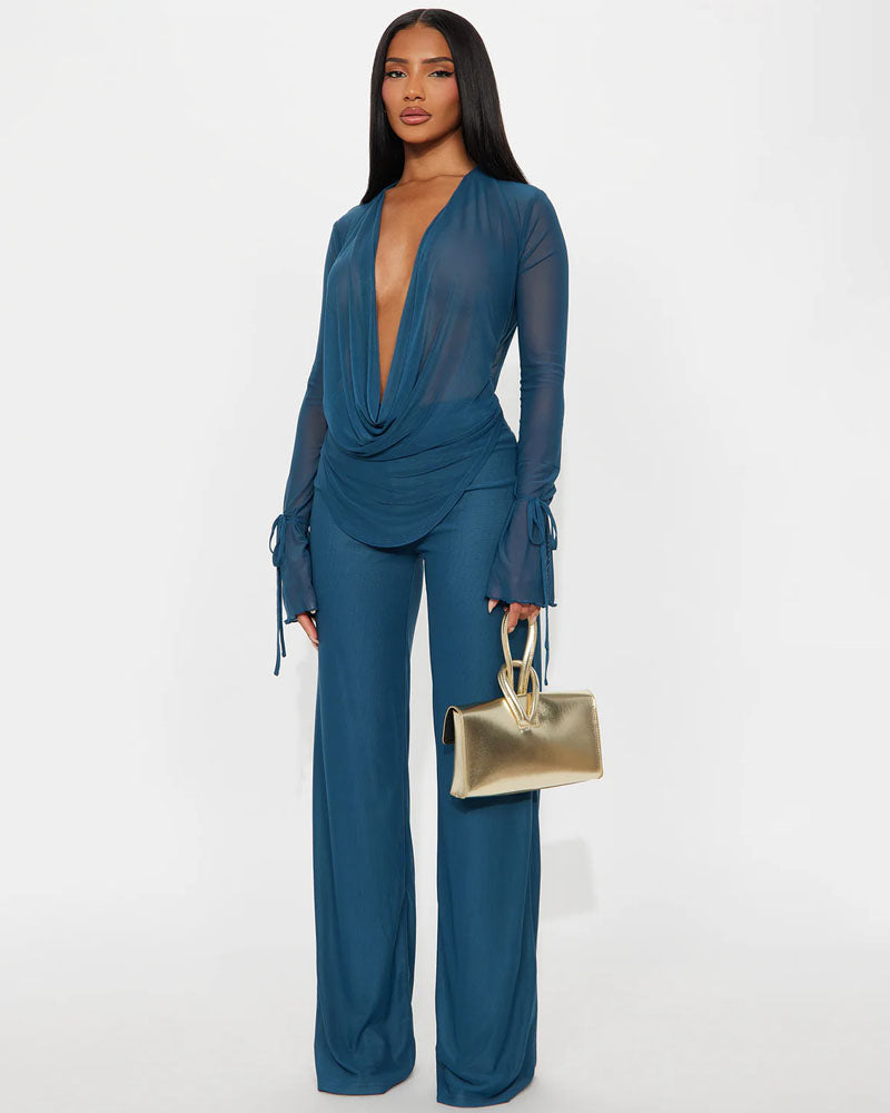 Silent Muse Cowl Neck Mesh Pant Set