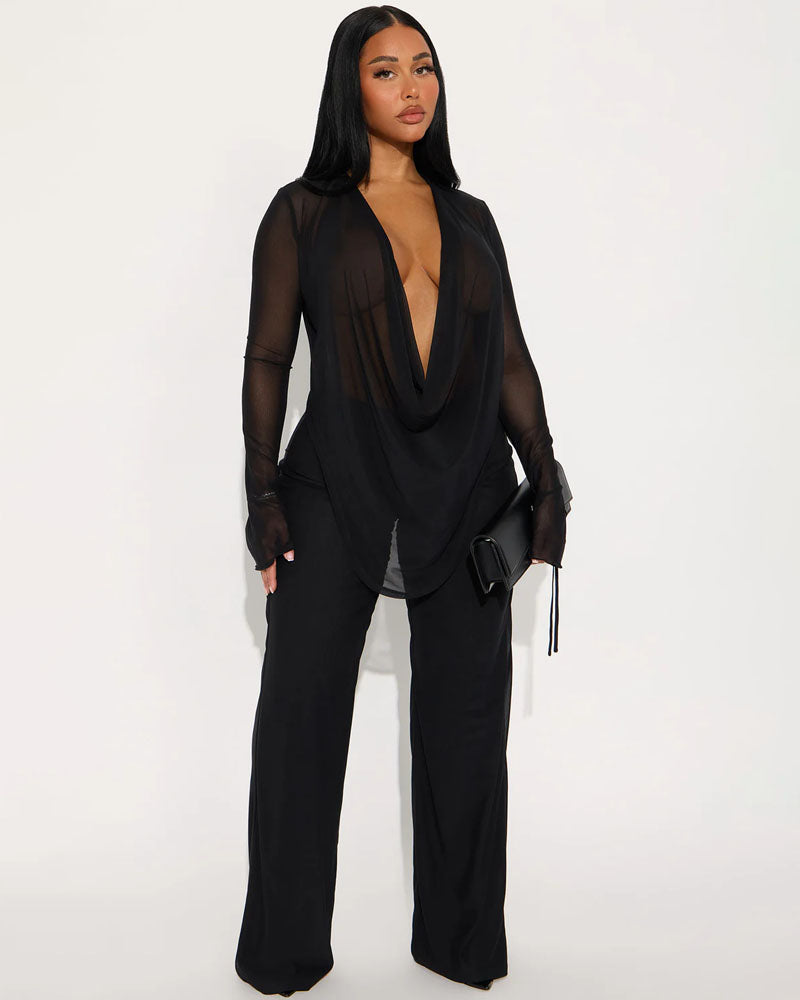 Silent Muse Cowl Neck Mesh Pant Set