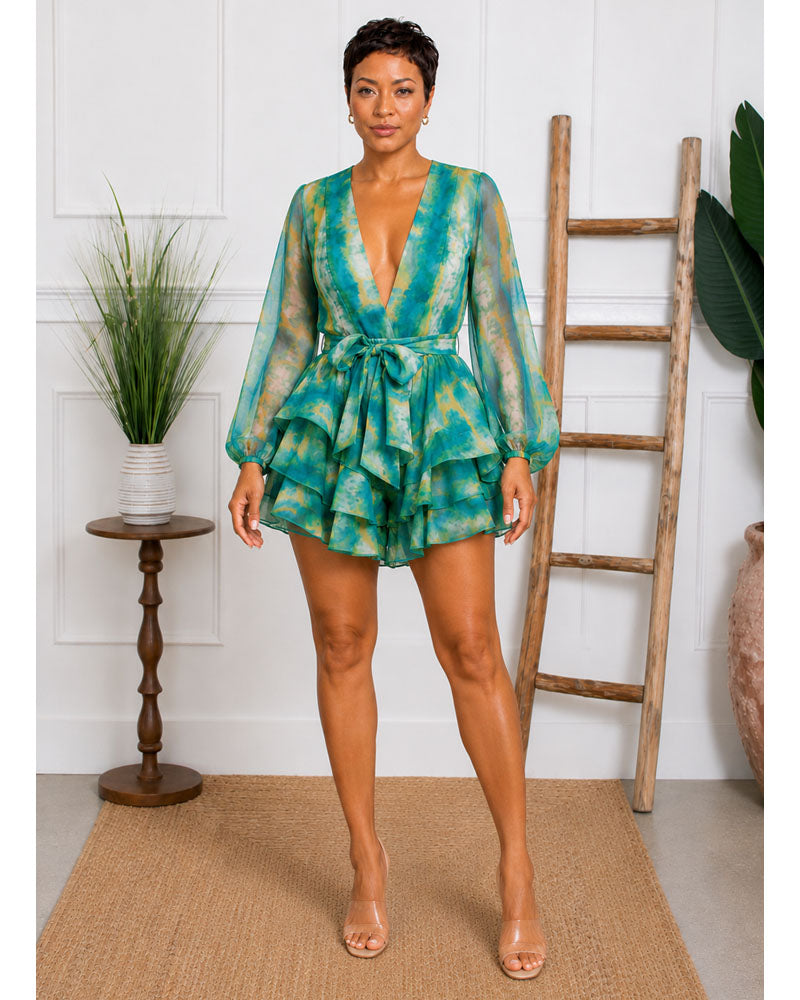 Verdant Dream Tie Waist Ruffle Dress