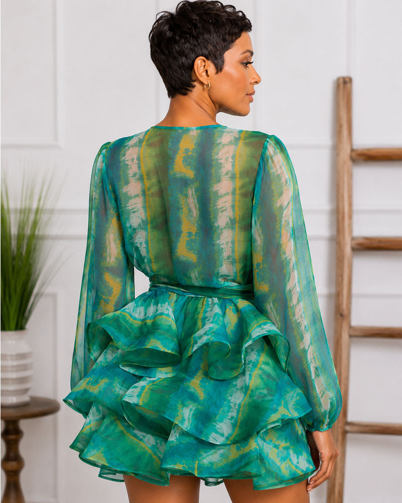 Verdant Dream Tie Waist Ruffle Dress