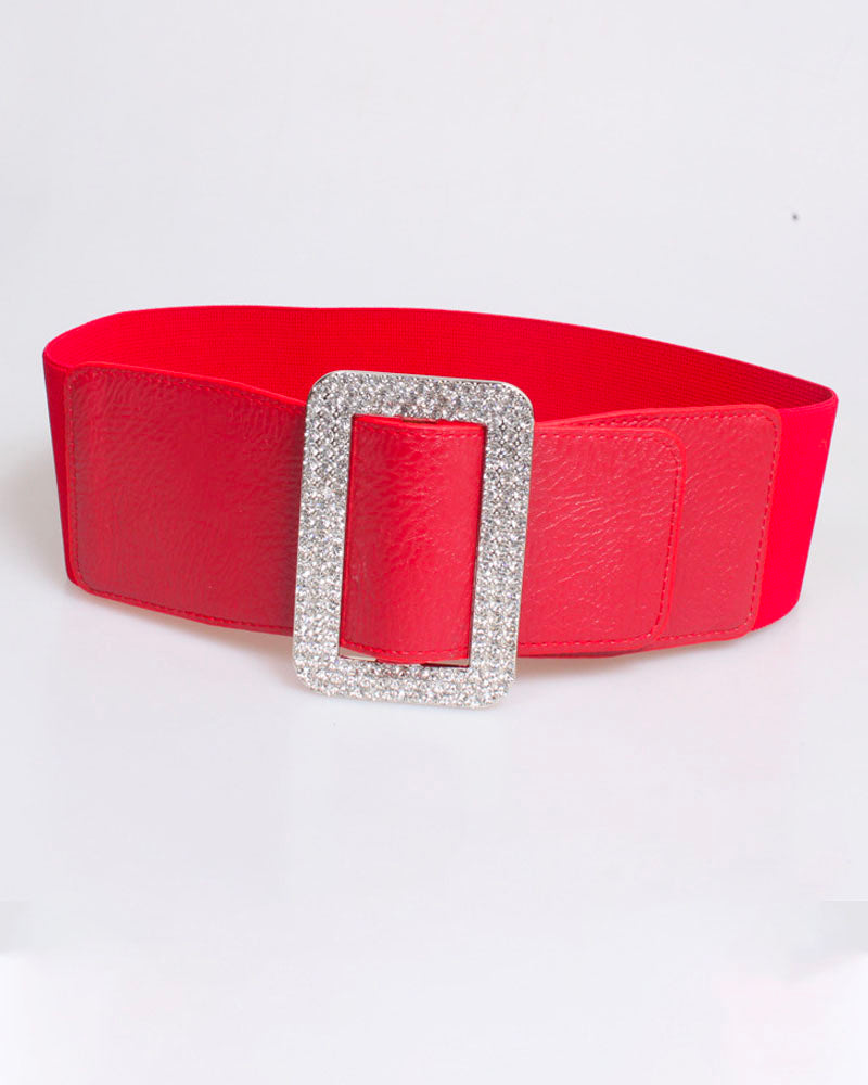 Elastic Waist Bedazzled Crystal Buckle Belt