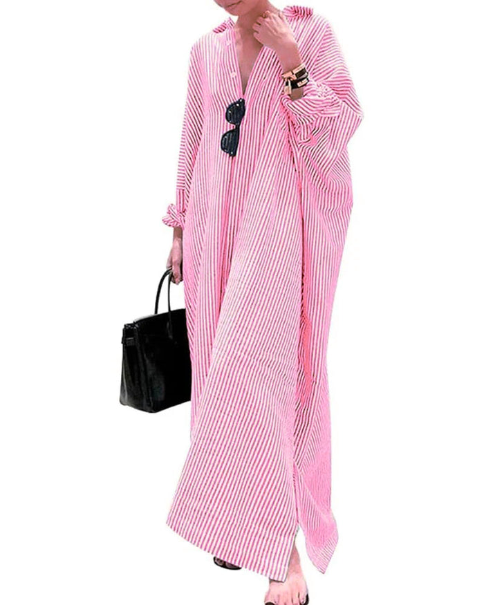 Green & White Stripe Long Shirt Dress